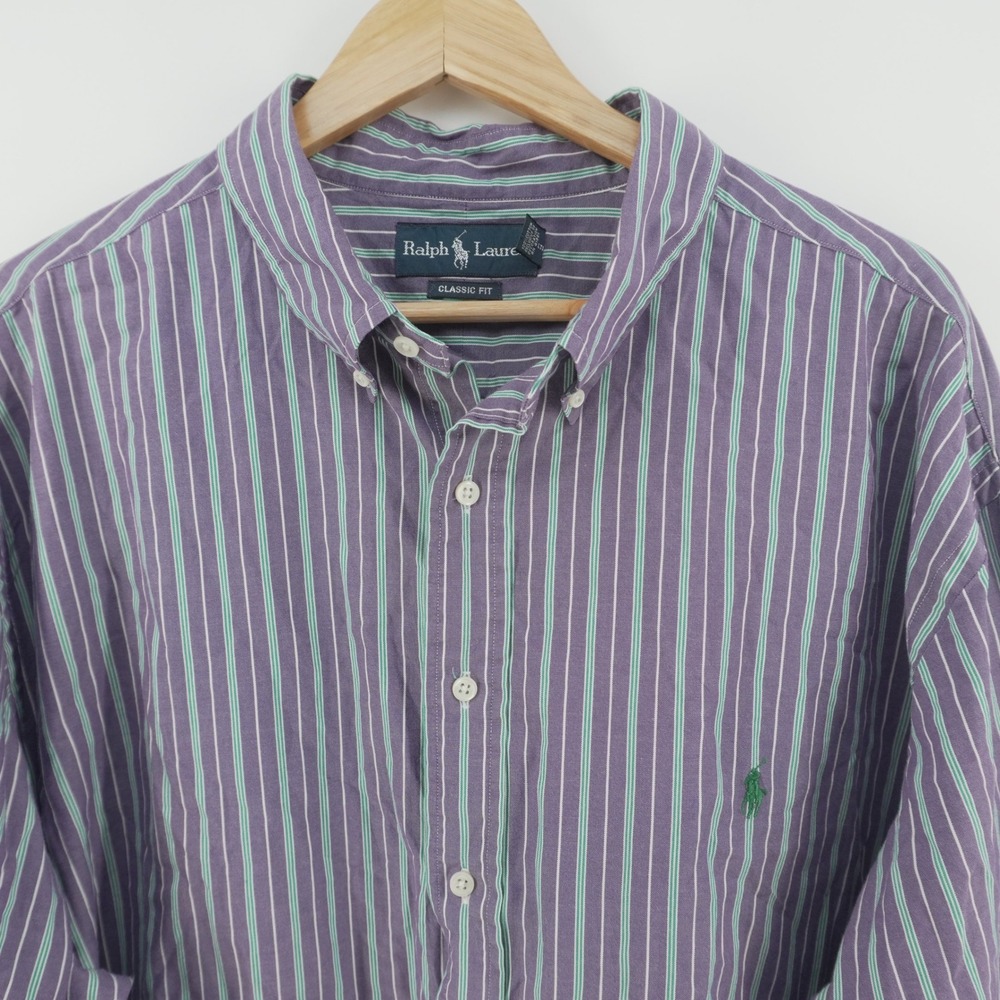 Ralph Lauren Button Down Shirt Mens 3XB Purple Green Striped Classic Fit L/S